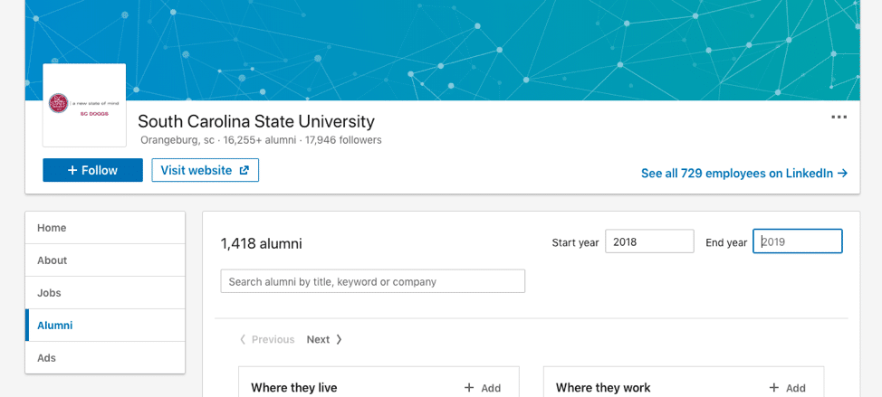 LinkedIn information college alumni