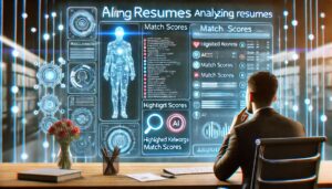 An AI-powered hiring dashboard displaying resume analysis, highlighted keywords, and match scores, with a recruiter observing the automated screening process.