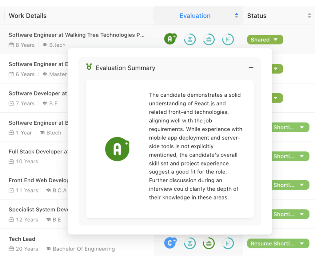 CVViZ with its AI resume screening score and summary