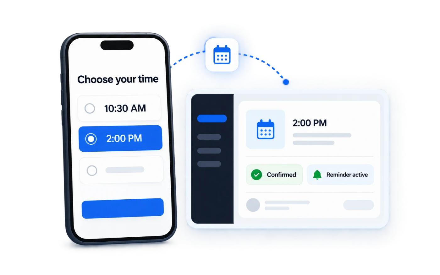 Candidate selects an interview time while the recruiter dashboard shows confirmation and reminder status