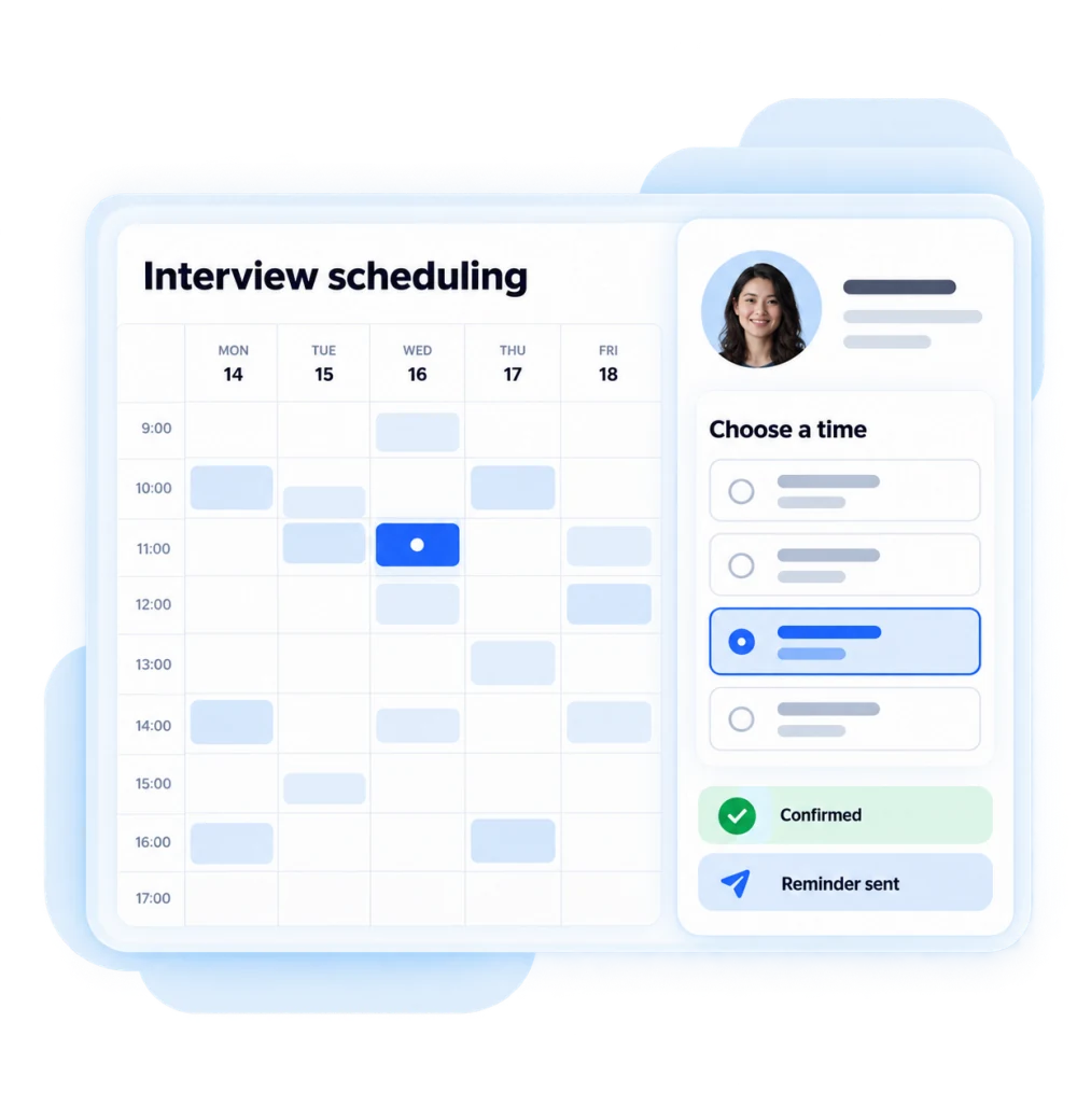 Automated interview scheduling calendar with candidate time selection, confirmation and reminder status